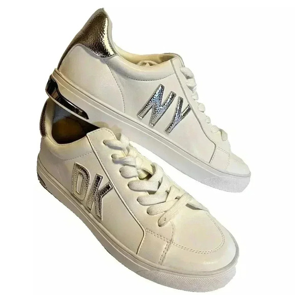 NEW DKNY Abeni Lace Up Sneakers Low-top Platform White/silver Women’s 8 - Picture 1 of 6